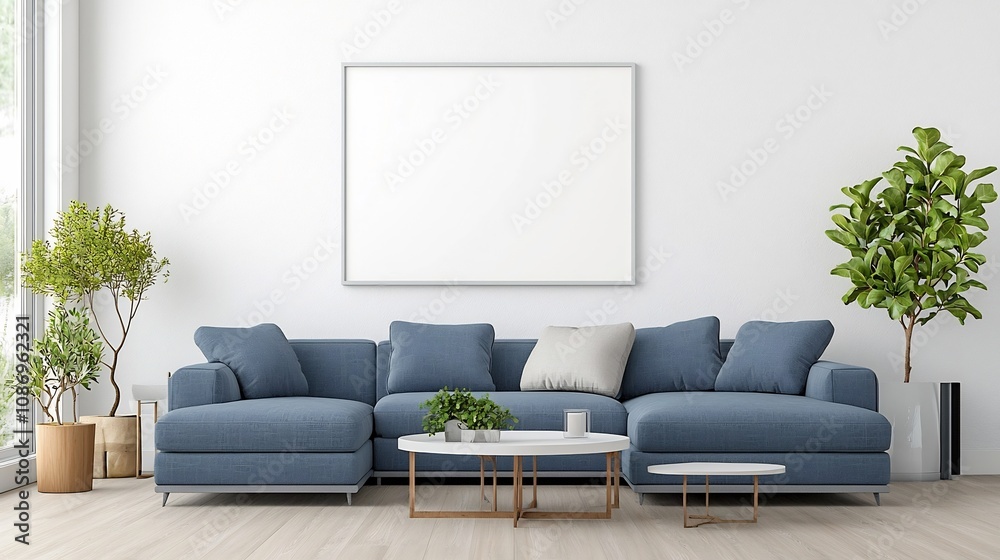 Poster a modern and minimalist living room interior featuring an empty frame mockup display on the wall com