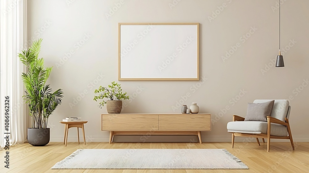 Aufkleber Sophisticated modern living space featuring an empty frame mockup displayed on the wall complemented by sleek and stylish furniture creating a cozy and inviting atmosphere