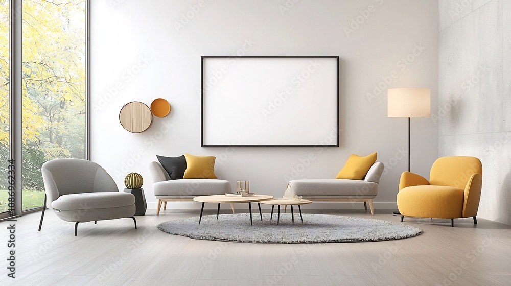 Aufkleber sleek and sophisticated modern living room interior with stylish furniture and empty frame mockup in