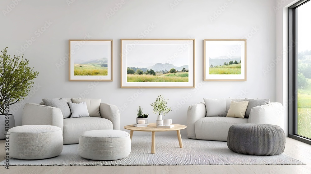 Poster minimalist and cozy scandinavian inspired living room setting with poster frame mockup displayed on 