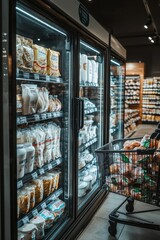 Amidst the bright lights of a modern supermarket, a shopper pushes a cart filled with various groceries alongside well-organized refrigeration units