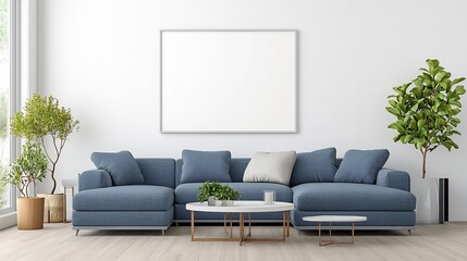 A modern and minimalist living room interior featuring an empty frame mockup display on the wall complemented by stylish and comfortable furniture  The space showcases a neutral color palette