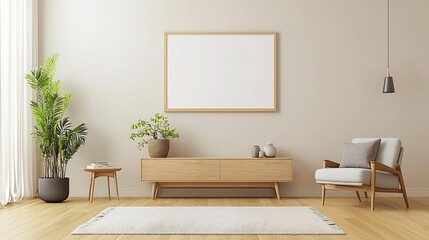 Sophisticated modern living space featuring an empty frame mockup displayed on the wall complemented by sleek and stylish furniture creating a cozy and inviting atmosphere