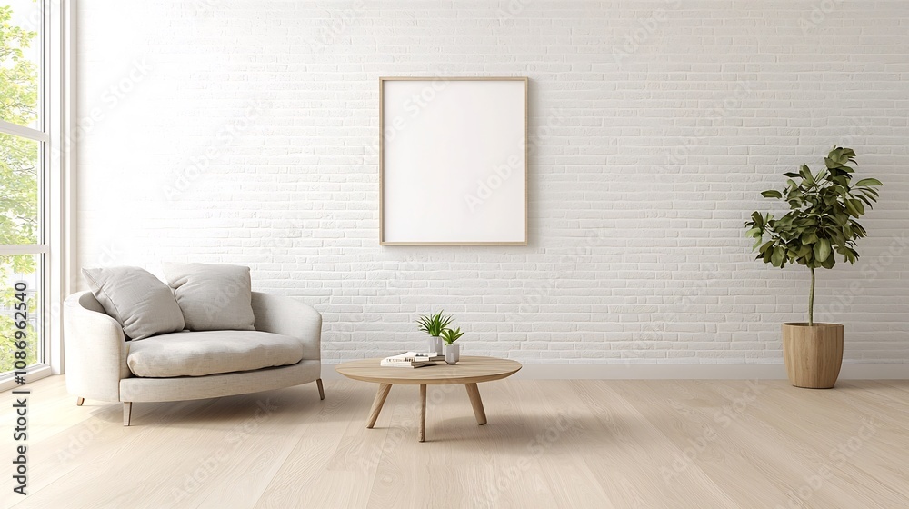 Poster stylish and modern 3d rendered living room interior with an empty frame mockup displayed on the wall
