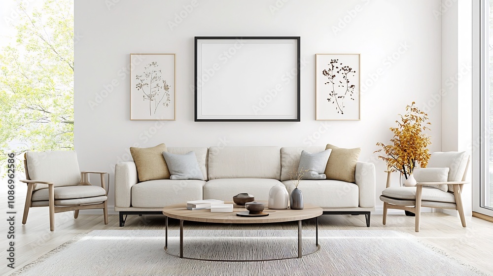 Poster stylish and minimalist 3d rendered living room interior with an empty frame mockup displayed on the 