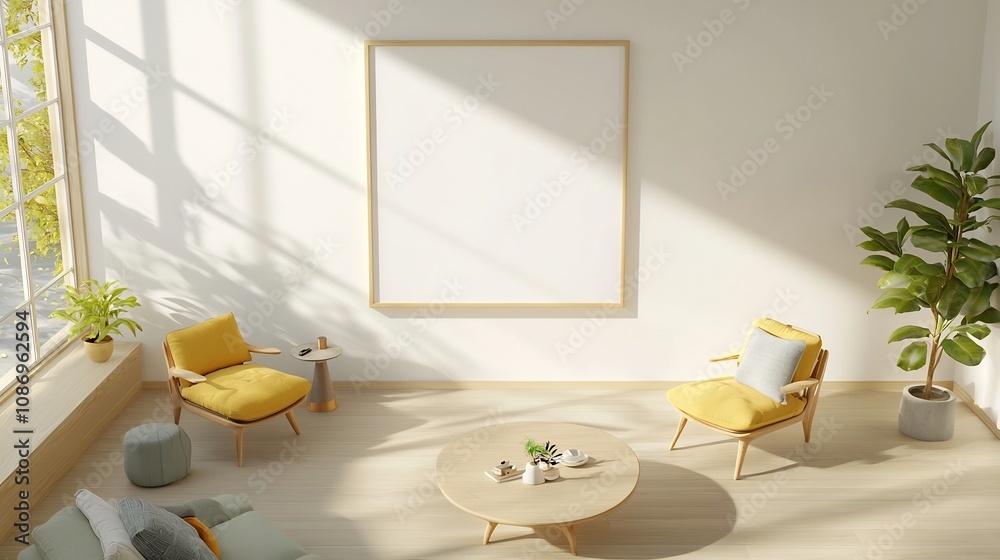 Aufkleber stunning 3d rendered interior design of a stylish and modern living room featuring an empty frame mo