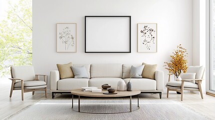 Stylish and Minimalist 3D Rendered Living Room Interior with an Empty Frame Mockup Displayed on the Wall in ISO A Paper Size Perfect for Product Showcase or Art Presentation
