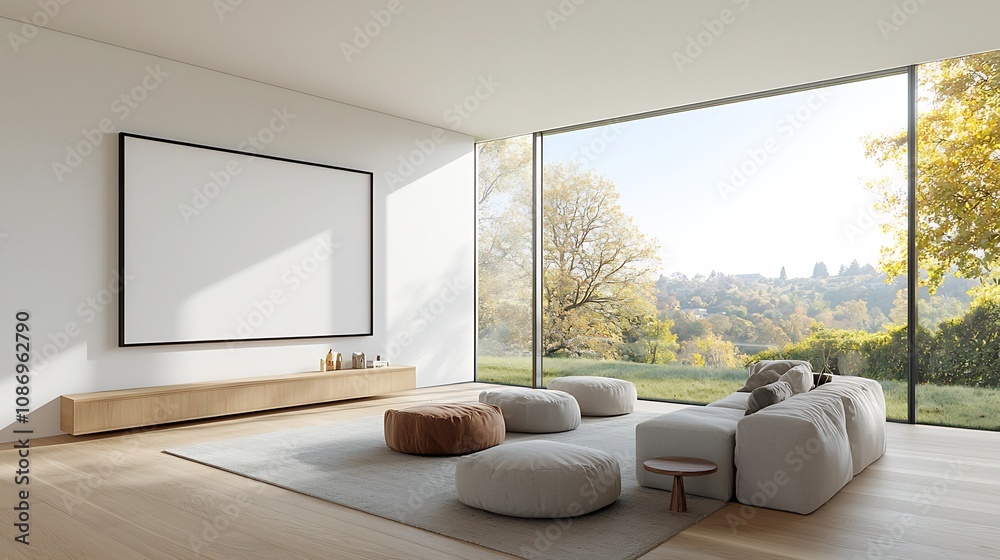 Poster elegant and inviting minimalist living space with large framed wall mockup surrounded by comfortable