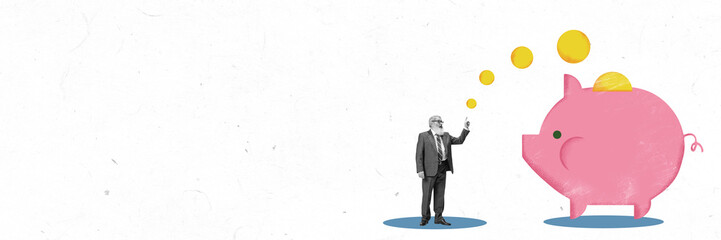 Elderly man interacting with large pink piggy bank, illustrating saving habits and financial planning for secure retirement. Contemporary art collage. Concept of retirement programs, support, care