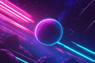 Vibrant Cosmic Journey: Neon Planet in a Starry Landscape