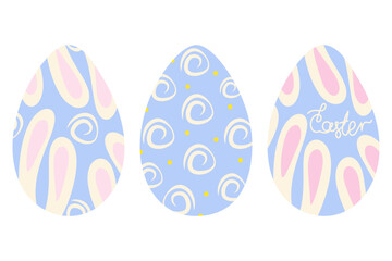 Easter eggs patterned hand drawn ornament, dots, lettering Easter and bunny ears. Set 3 design units