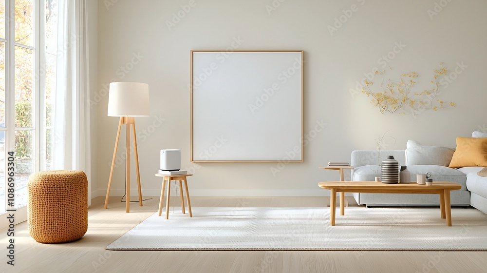 Poster Scandinavian inspired living room with an empty wall frame warm and natural lighting creating a cozy and stylish ambiance