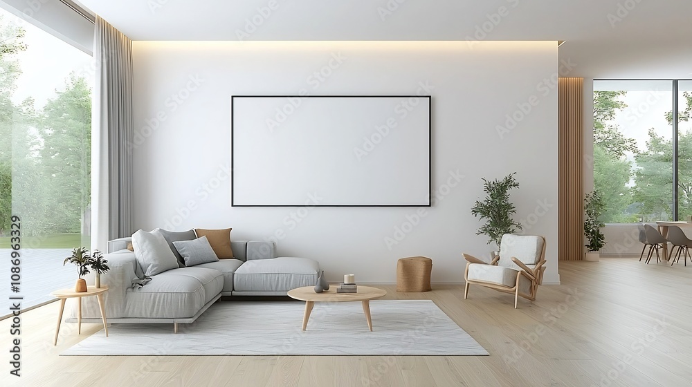 Poster cozy and stylish scandinavian inspired living room with an empty wall frame and warm natural lightin