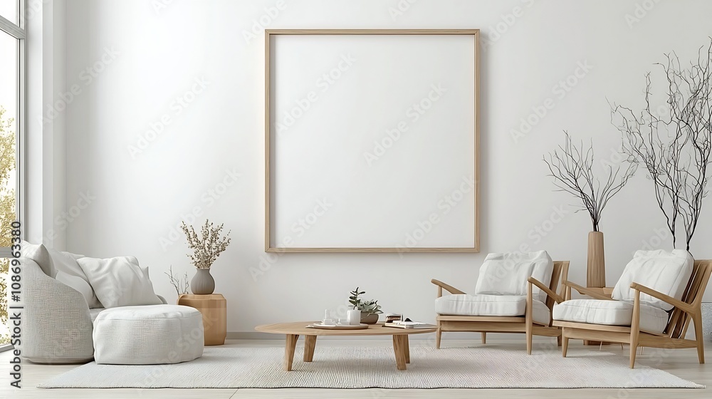 Poster chic and modern 3d rendered living room interior featuring an empty frame mockup for art or photogra