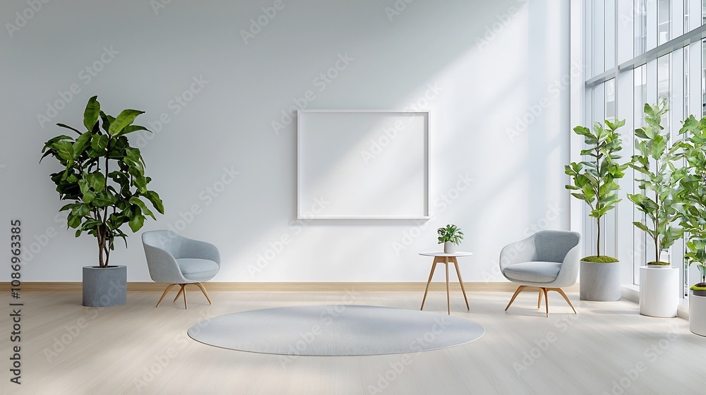 Aufkleber Elegant 3D Rendering of an Empty Frame Mockup Displayed in a Chic and Minimalist Living Room Setting with Stylish Home Decor and Furnishings