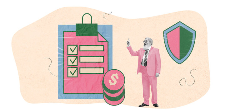 Elderly man pointing at checklist and shield icon, symbolizing financial security, insurance, and protected retirement plan. Contemporary art collage. Concept of retirement programs, support, care