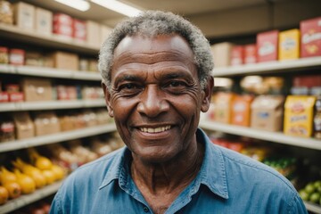 Fototapeta premium Close portrait of a smiling senior Solomon Islander male grocer standing and looking at the camera, Solomon Islander grocery store blurred background