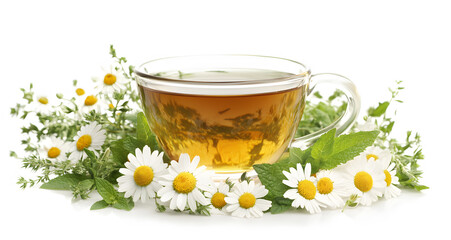 A cup of herbal tea surrounded by chamomile and mint.