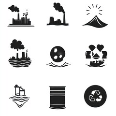 Black and White Icons Depicting Environmental Issues and Solutions