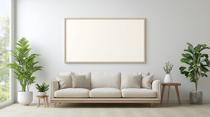 Naklejka premium Stylish and Minimalist Frame Mockup Set in a Cozy Bright Living Room with Natural Lighting and Lush Houseplants for a Modern Elegant Interior Design Concept