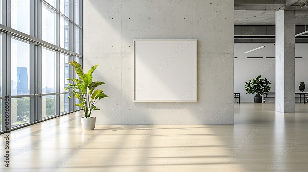 Aufkleber serene minimalist office space featuring a concrete wall with an empty frame and sunlight streaming 