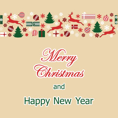 Christmas card, template design for banner, flyer, background with strip of snowflakes, deers, firs, balls, gifts. bright vector illustration for invitation, poster, greeting en minimal, flat style.