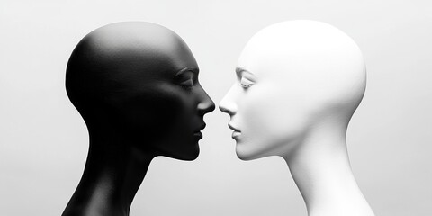 Fototapeta premium Contrasting Perspectives: Two Heads in Opposition, One Black on White, Representing Different Beliefs and Adverse Opinions