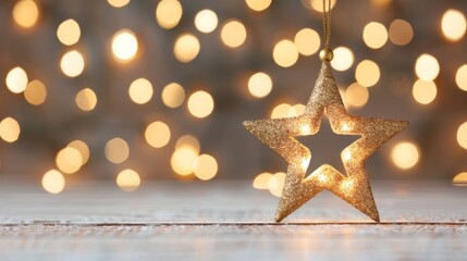 Gold star ornament against bokeh lights
