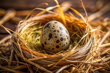 Obraz premium Close-Up of Speckled Bird Egg Nestled in Dried Grass, Showcasing Nature's Intricate Details and Texture in an Architectural Photography Style