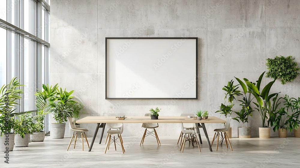 Leinwandbilder bright and airy modern office interior with a blank frame mounted on a concrete wall and sunlight fl