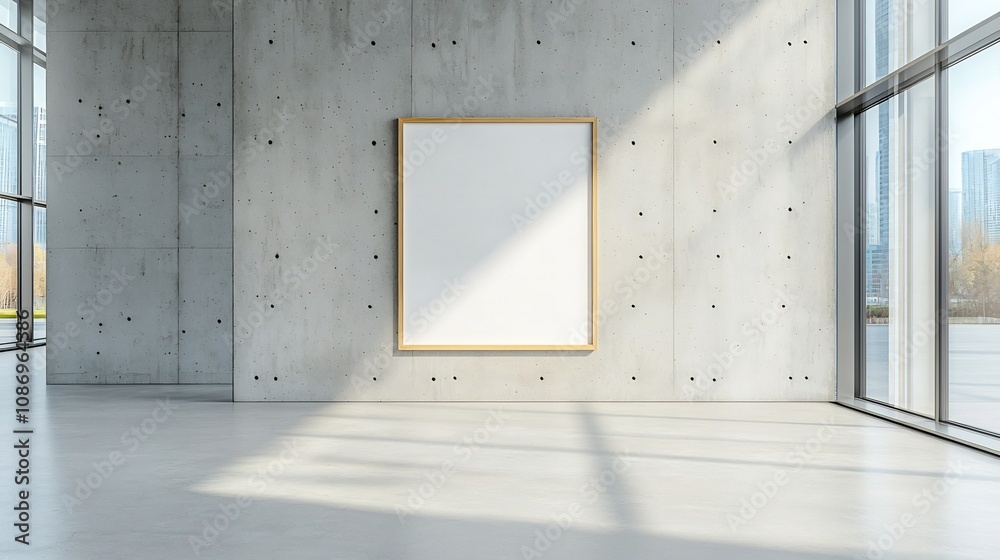 Fototapete bright and airy modern workspace with concrete walls and empty poster frame warm sunlight streaming 