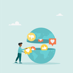 Communication on social networks. A person opens the globe to see positive or negative feedback on social media. Flat vector illustration