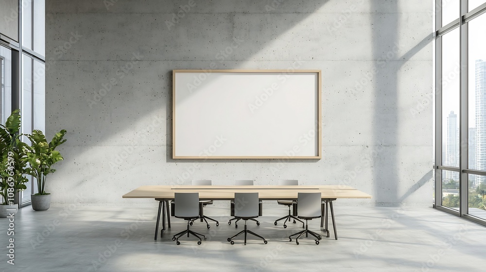 Poster sunlit modern office interior with empty frame on concrete wall and tall windows enhancing the peace