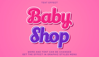 Baby shop text effect template in 3d design. Text emblem for advertising, branding, business logo