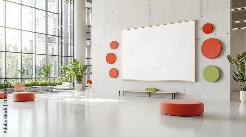 Poster airy and open concept modern office space featuring a blank frame on concrete walls and abundant nat