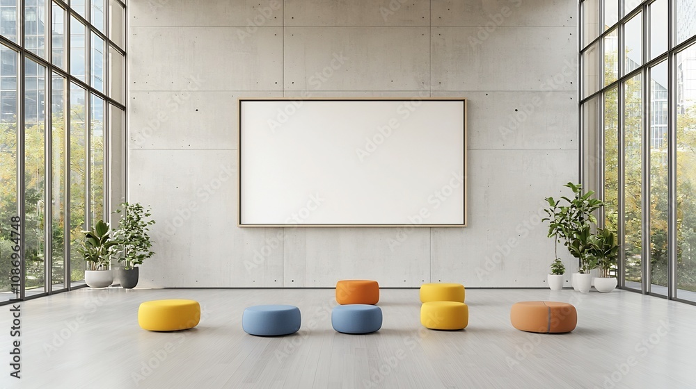 Poster spacious and modern office interior with a blank frame mounted on a concrete wall and large windows 