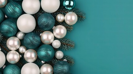 Elegant teal and white ornaments arranged with pine. Festive holiday decor.
