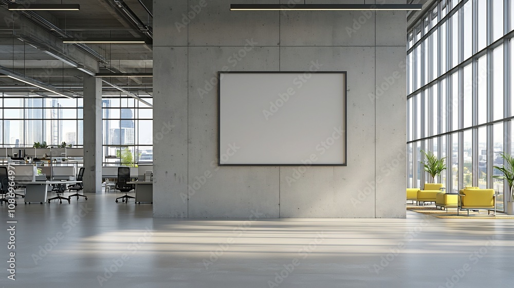 Poster sunlit modern open office with concrete wall and minimalist poster frame bright and airy workspace f