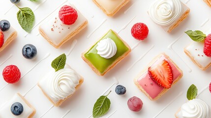 Delicious assorted puff pastries with fruit cream café dessert photography bright setting overhead angle culinary delight