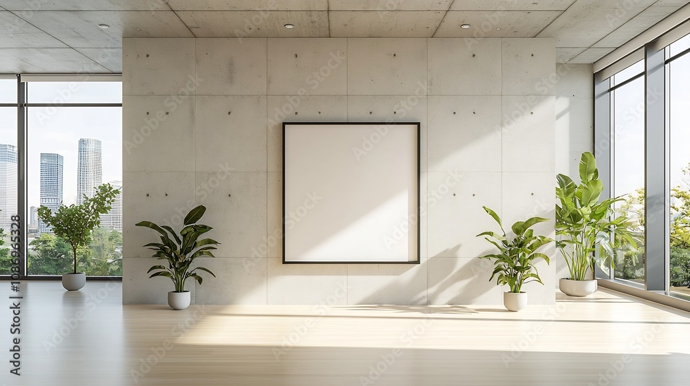 Fototapete bright and modern office interior design featuring a concrete wall empty frame and natural sunlight 
