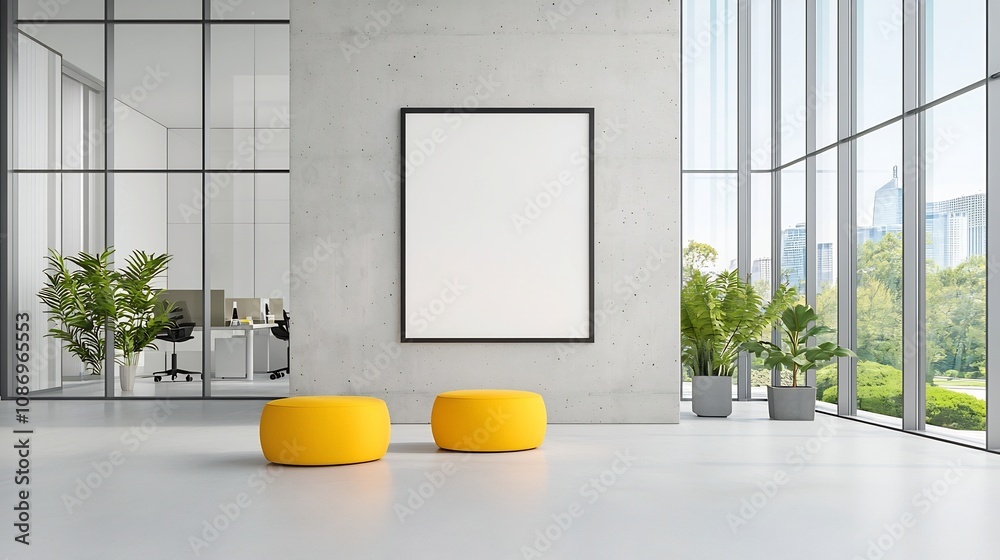 Aufkleber Sunlit and Airy Modern Office Interior with Concrete Wall Empty Poster Frame and Spacious Open Design Accentuated by Large Windows