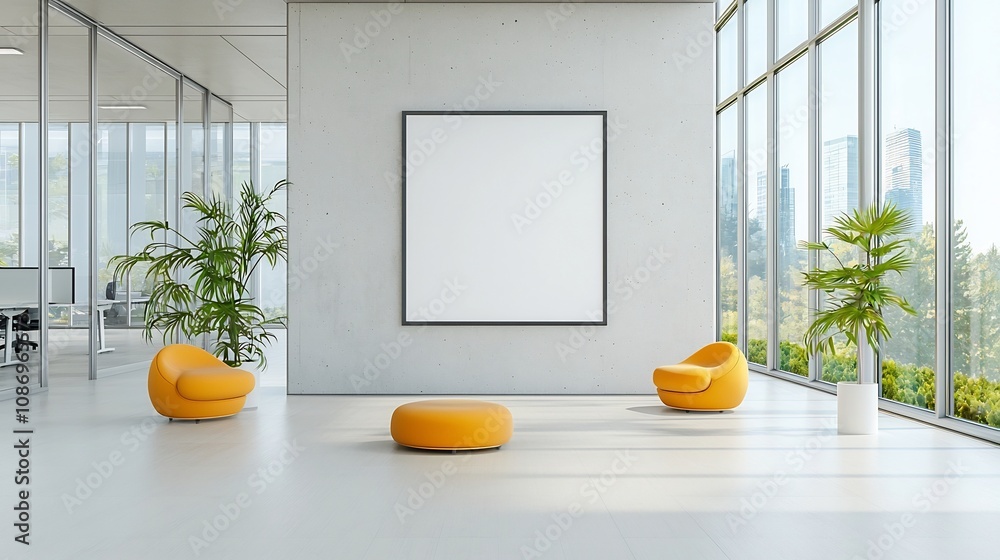 Poster sunlit modern office with concrete wall and large windows highlighting a spacious minimalist design 