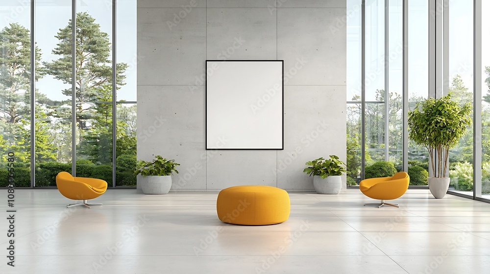 Poster Sunlit and Spacious Modern Office Interior with Concrete Walls Empty Poster Frame and Accentuated by Large Luminous Windows