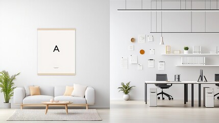 Minimalist living room interior mockup showcasing an ISO A paper size wall poster and an aerial view of a neatly arranged and organized modern office workspace with laptop desk and supplies