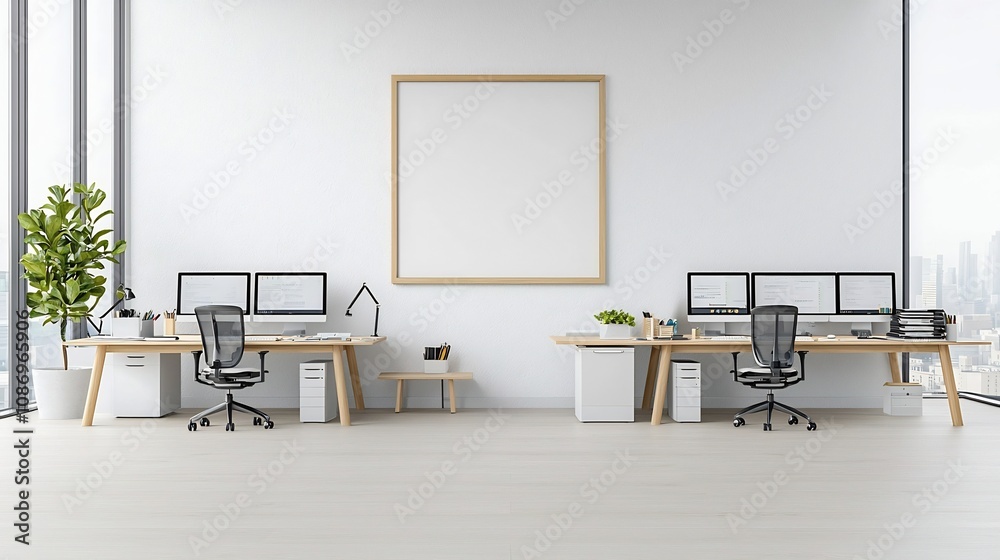 Aufkleber tranquil and modern living room with a blank poster frame on the wall complemented by a professional