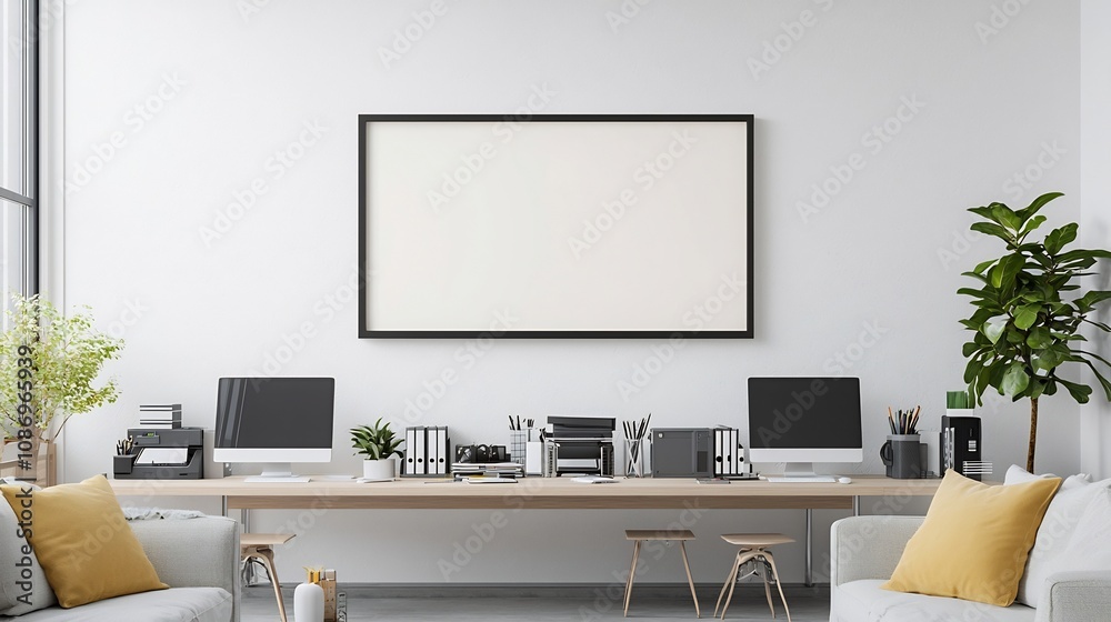 Aufkleber Cozy and Organized Home Office Workspace Mockup with Wall Mounted Frame Displaying Laptop Computers and Other Equipment on a Long Table in a Comfortable Living Room Interior