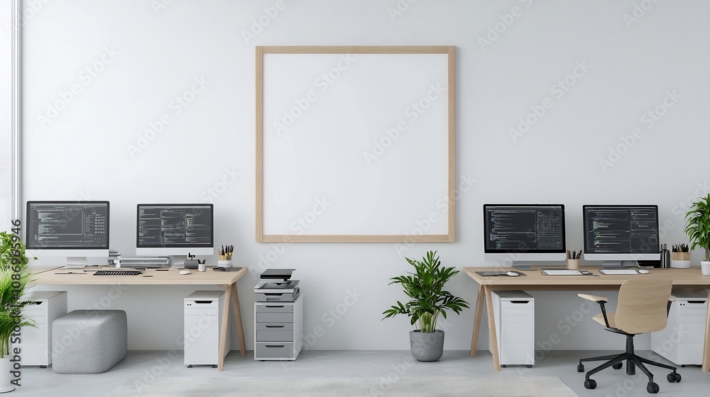 Aufkleber Serene and Sophisticated Living Space with a Minimalist Office Arrangement Featuring Multiple Computers and a Blank Poster Frame on the Wall for Customizable Decor