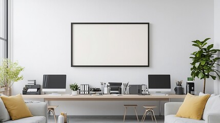 Cozy and Organized Home Office Workspace Mockup with Wall Mounted Frame Displaying Laptop Computers and Other Equipment on a Long Table in a Comfortable Living Room Interior