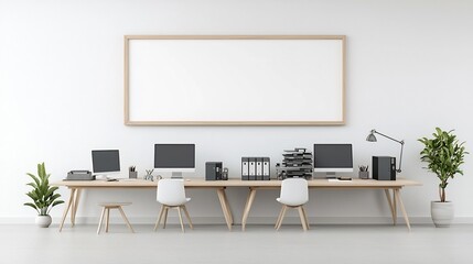 Cozy living room setting with an organized office workspace featuring a frame mockup on the wall a long table with computers and various work equipment