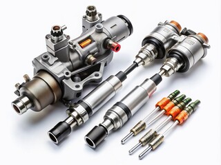 Close-Up View of Two New Solenoid Injectors for Diesel Fuel on White Background with a Rod and Fuel Injection Pump Highlighting Engine Components and Fuel System Technology